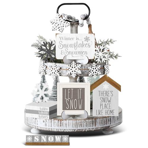 GlikCeil 19 Pcs Winter Tiered Tray Decor Snowflakes Wood Rustic Decoration Tiered Sign Table Centerpieces Without Tray for Tabletop Shelf Winter Xmas Home Party Gifts(Farmhouse)