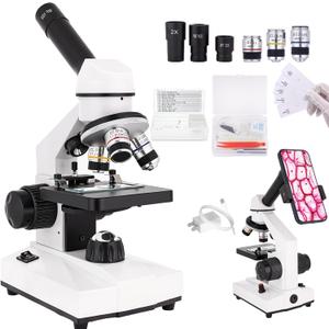 Compound Microscope, 2000x Magnification, with Smartphone Adapter, Slide Set, Dual LED Illumination System, Adult Microscope, Suitable for Beginners and Laboratory use (Monocular Microscope)