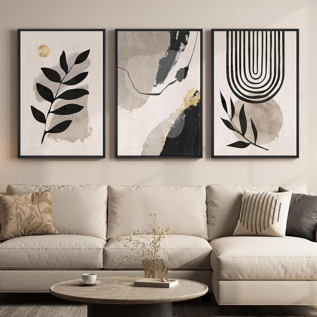 3 Piece Framed Black and White Abstract Wall Art for Living Room, Large Boho Botanical Plant Canvas Prints Paintings, Minimalist Leaf and Geometric Artwork for Dining Room Bedroom 24x36 Inch
