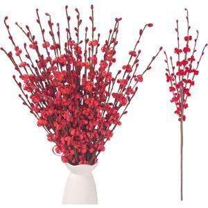10Pcs 17.5'' Red Flowers Artificial Jasmine Flowers Faux Patriotic DIY Floral Art Red Berries Stem for Valentine's Day Table Centerpieces Vases Home Wedding Bouquets Party Decorations