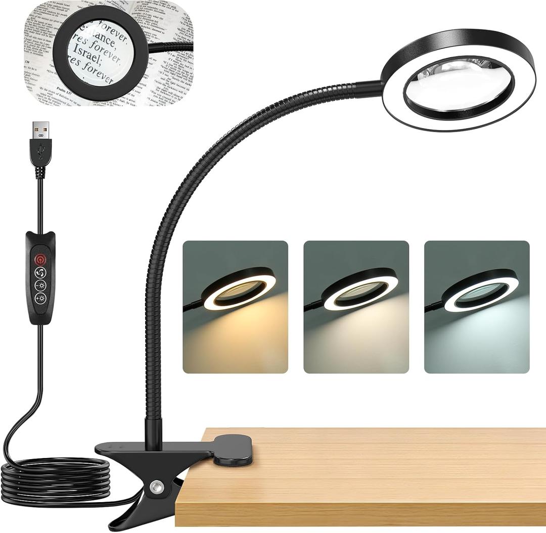10X Magnifying Glass with Light, Clip on Magnifier with 3 Color Modes and 10 Level Dimmable, Flexible Gooseneck Clamp Magnifying Lamp for Reading Craft Sewing Repair Close Work Beauty