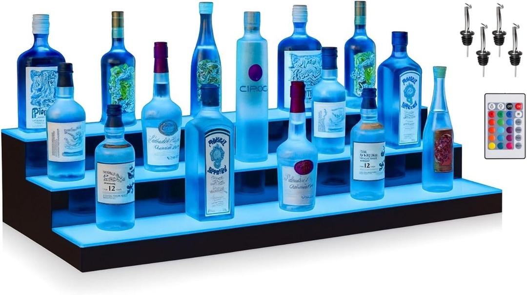 Boss Premium BarUSA LED Lighted Bar Shelf Display Liquor Bottle Alcohol Whiskey Shelves Rack Stand Tray Units for Home Bar Living Room Accessories and Decor - Designed in USA (3-Step, 28 Inch) (Acrylic)