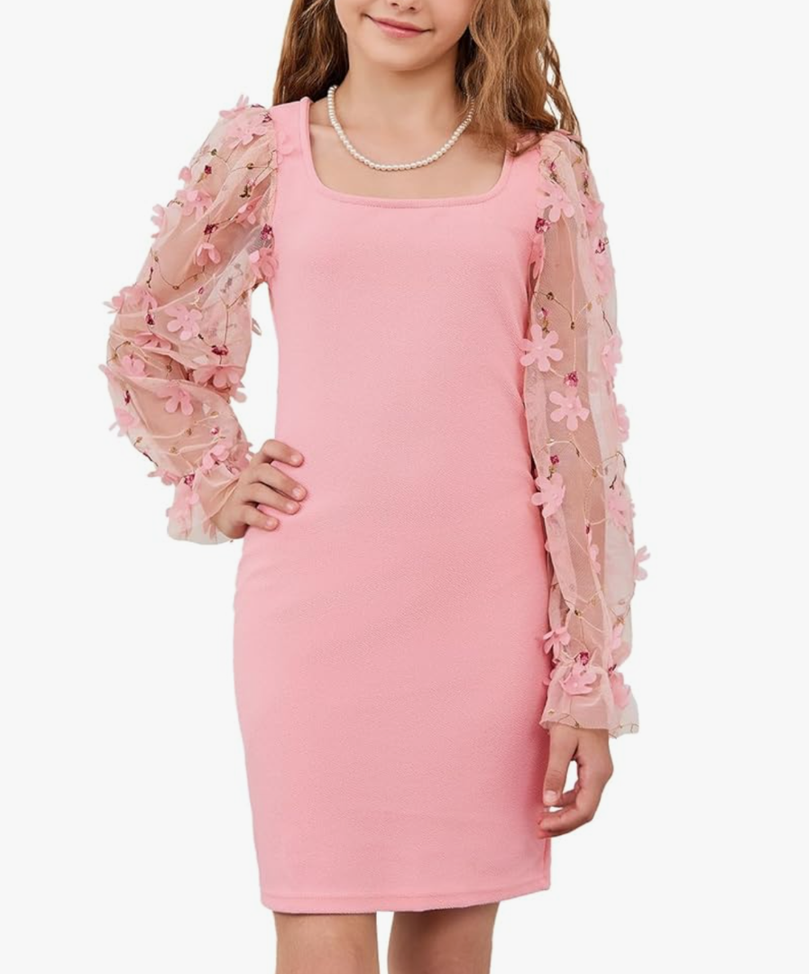 WDIRARA Girl's Sheer Mesh Flounce Long Sleeve Appliques Square Neck Dress 8Y