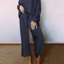 SHEWIN Women's 2 Piece Outfits Sweatsuit Casual Long Sleeve Pullover Tops and Drawstring Wide Leg Pants Lounge Sets (Blue, S)