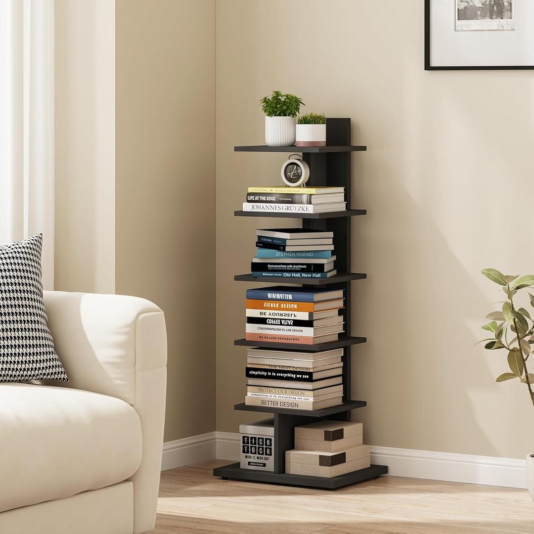 TUTOTAK Narrow Bookshelf, 6-Tier Bookcase, Spine Book Shelf for Small Space, Corner Standing Shelf for Living Room, Office, Study, Entryway, Black BS06BK016