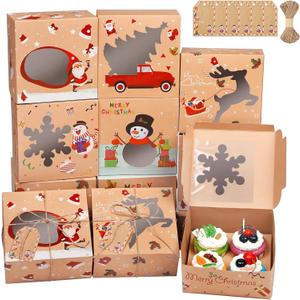 Ruisita 15 Pack Christmas Cupcake Boxes Cookie Boxes Kraft Brown Bakery Boxes with Windows 4 Holes Gift Treats Container with 15 Tags for Holiday Gift Giving, Candy, Cakes, 6.3 x 6.3 x 3 Inches