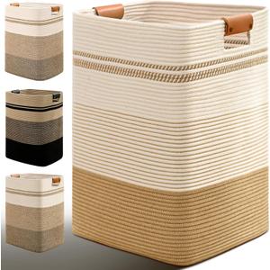 Laundry Hamper, 85L Tall Laundry Basket with Leather Handles, Rectangle Large Clothes Hamper for Organizing, Cotton Woven Laundry Baskets Storage Hampers for Bedroom, Nursery, Living Room (Jute & White)