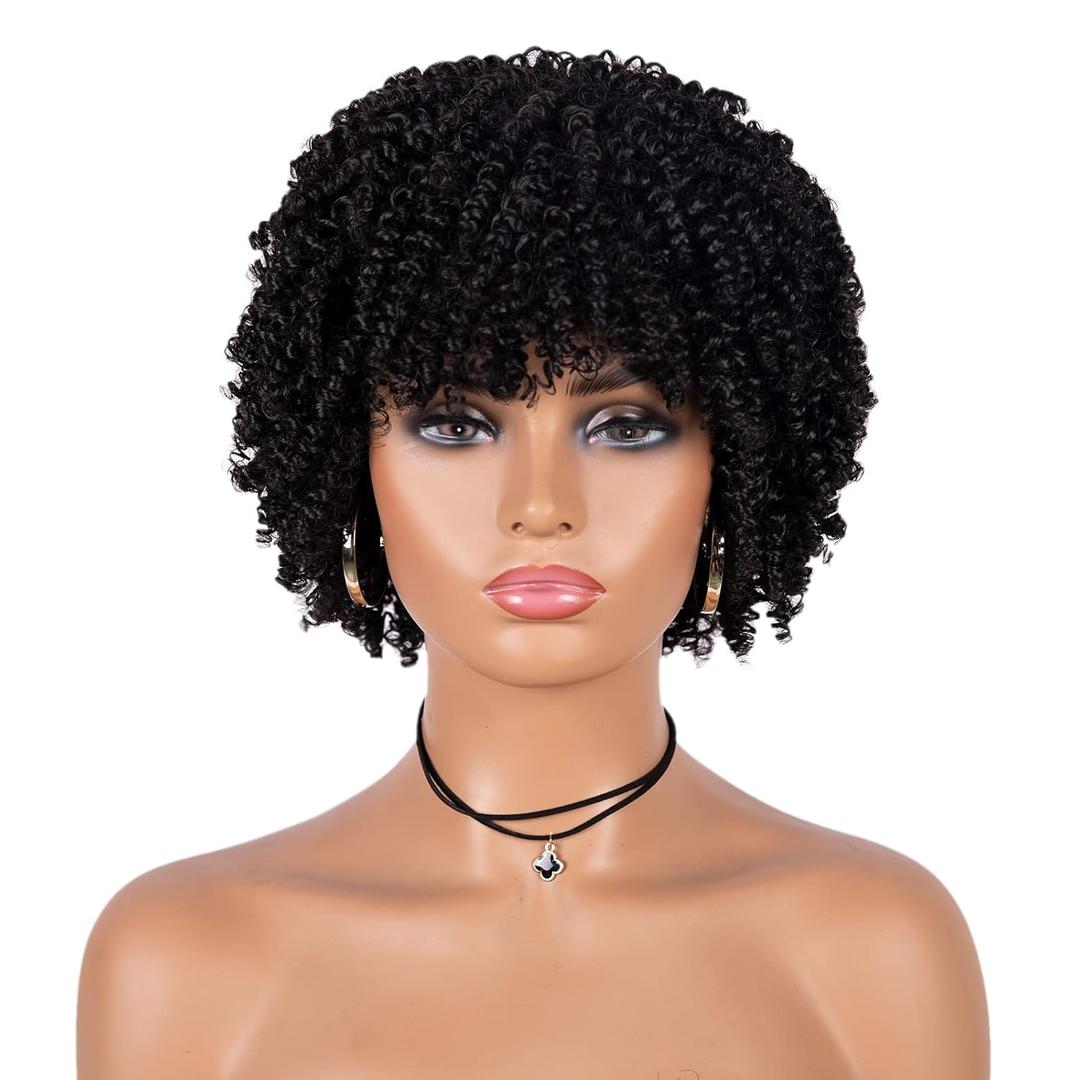 Afro Wig Short Curly Wigs Synthetic Hair Wigs for Black Women, Short Afro Wigs with Bangs Natural Curly Cosplay Party Daily Use (Black)