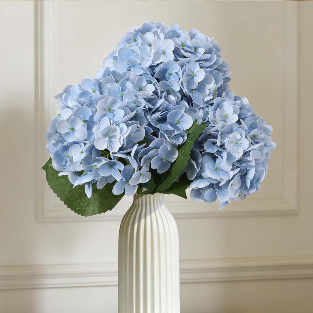 SwanMoon 3PCS Real Touch Artificial Hydrangea Flowers, 21 Inch Large Lifelike Silk Dry Faux Hydrangeas for Wedding, Home, Party, Office & Table Centerpiece Decoration (Light Blue)