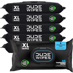 DUDE Wipes Unscented Flushable Wipes - Extra-Large Adult Wet Wipes for Sensitive Skin - 6 Pack (288 Count) - Infused with Vitamin E and Aloe - Septic and Sewer Safe