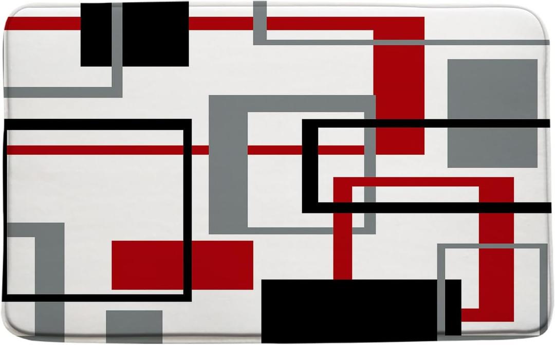 Red Black White Gray Geometric Bath Mat Modern Geometry Square Striped Bathroom Kitchen Toilet Rugs,18x30 Inch (1'6" x 2'6" (Rectangular))