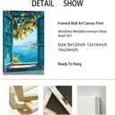Framed Open Window Beach Canvas Wall Art Coastal Wall Decor Picture White Flowers and Butterflies Painting Artwork Fake Window Wall Art Horizontal Nature Landscape Seaside Summer Print for Home Decoration (E, 16x24inch(40x60cm), Framed)