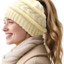 3 x PFFY Beanie Hat for Women Winter Warm Knit Beanies Hats Skull Cap (Beige (Ponytail))