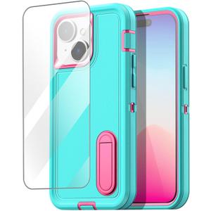 AICase for iPhone 15 Plus Case Built-in Stand with Glass Screen Protector,Heavy Duty Drop Protection Full Body Rugged Shockproof Military Protective Tough Durable Cover for iPhone 15 Plus 6.7"_3 (Water Blue/hot pink+Glass Protector)