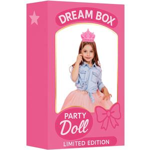 Pink Dream Box Photo Booth for Kids Girls – Sturdy Cardboard Princess Doll Display Stand with 5 Dress Up Accessories – No Assembly, Ready to Use Birthday Party Decoration