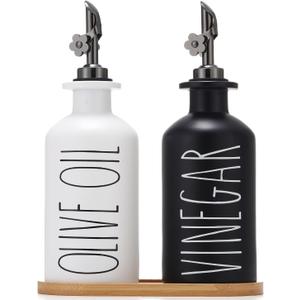 HOMCDALY Premium Olive Oil Dispenser for Kitchen, 11.8oz Glass Oil Bottles with Bamboo Tray, Oil&Vinegar Cruet Set, Kitchen Dispenser Bottles with Pourer | Set of 2 (11.8oz PBlack&White)