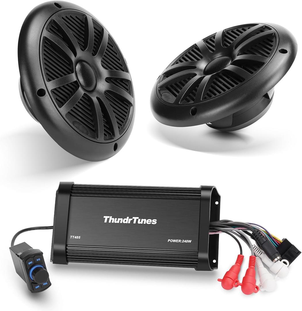 Marine Powersport Bluetooth Amplifier Audio System with 2pcs Black Speakers, Class D 60W x 4 CH, Switch Mount, Suitable for Motorcycle, UTV, ATV, Boat