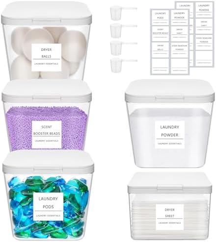 Lifewit 5 Pack 0.72 Gal Laundry Pods container & 0.5 Gal Dryer Sheets Holder Sets, Press-and-Pop Lids, Laundry Room Organization and Storage for Booster Beads with Labels and Measuring Scoops