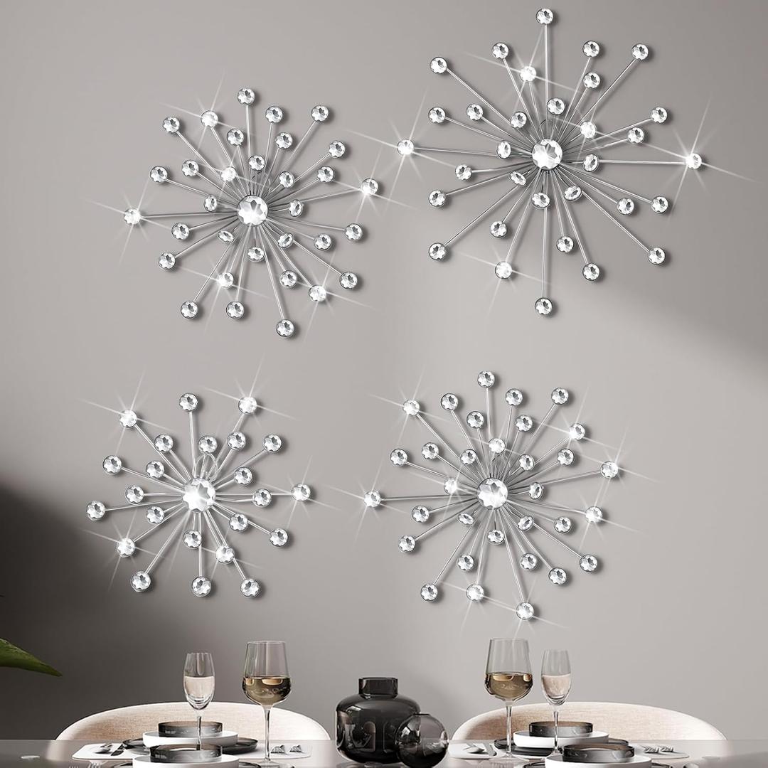 Funnymoom 4 Pcs Silver Starburst Wall Decor Metal Bling Wall Art Crystal Silver Sparkling Rhinestones Bling Decorative Hanging Diamond for Living Room Bedroom Home Office