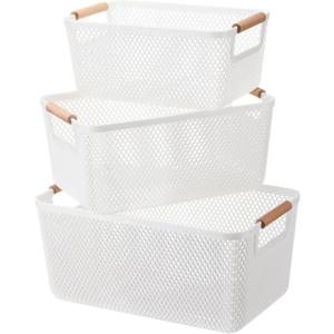Ziliny 3 Pack Plastic Mesh Basket with Wooden Handles - PP Material Hanging Storage Organizer Container Bins for Organizing Cabinet Pantry Bathroom Kitchen Fridge Fruit Makeup Snacks Gifts(White)
