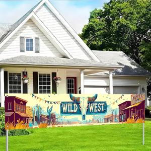 Wild West Banner 118x20 Inch Western Cowboy Backdrop with Bull Skull Sign Cartoon Town Design for Country Party Decorations Bar Saloon Ranch Wall Decor for Outdoor Event (Desert Tones)