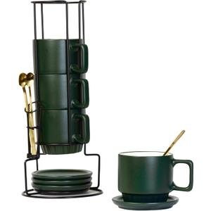 Coffee Mug Set of 4-11.5 Oz Porcelain Stackable Coffee Mugs with Saucers, Spoons & Metal Stand - Ceramic Tea Cups with Rack - Dishwasher & Microwave Safe
