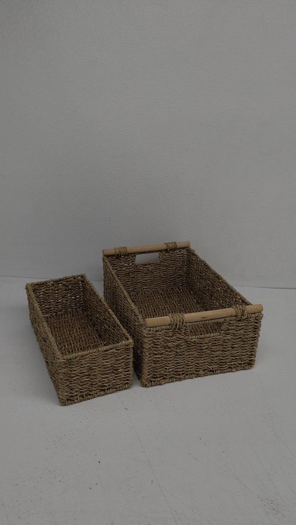 Rectangular Wicker Storage Basket, Woven Organizing Basket with Handles, Laundry Storage Bin 2 Pack 17x11, 14x6.5 Inch