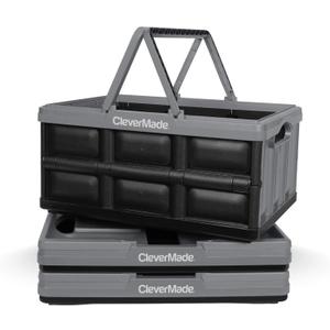 CleverMade Collapsible Shopping Basket 32L, 3 Pack Folding Grocery Basket with Handles, Stackable Reusable Storage Crate with 35 lb Capacity, Recycled Plastic, Car Trunk Organizer- Stone Gray