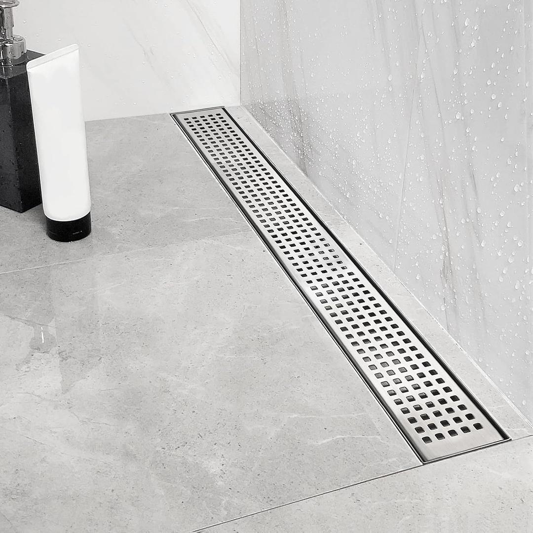 Neodrain 40-Inch Linear Shower Drain with Removable Quadrato Pattern Grate,Brushed 304 Stainless Steel Rectangle Shower Floor Drain, Linear Drain with Leveling Feet,Hair Strainer