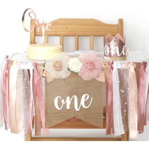 1st Birthday Party Decorations for Girls by Innerspark, Pink and Gold Floral Set, Ribbon High Chair Banner, Birthday Hat, Cake Topper, One High Chair Banner, Girls First