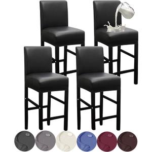 HFCNMY Bar Stool Covers,4 Pack Stretch Waterproof PU Bar Stool Covers with Backs Bar Stool Chair Covers Barstool Covers Slipcovers with Back Pub Counter Stool Chair Covers with Elastic Bands Black
