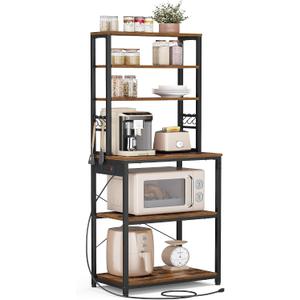 VASAGLE Bakers Rack with Power Outlet, 23.6 Inches Coffee Bar for Kitchen with Storage, 6-Tier Kitchen Shelves with 6 Hooks, Microwave Stand, Industrial, Rustic Brown and Ink Black UKKS124K03