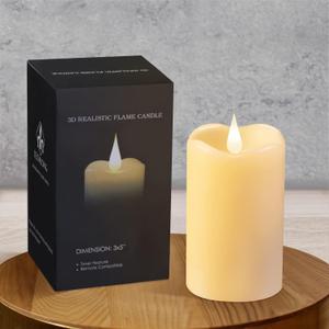 Flickering Flameless Candles with 3D Moving Flame, Last 1000+ Hours Battery Operated Candles with Timer, Ivory Real Wax Pillar Electric LED Candle for Wedding Christmas Party/3" x 5" (Style A)