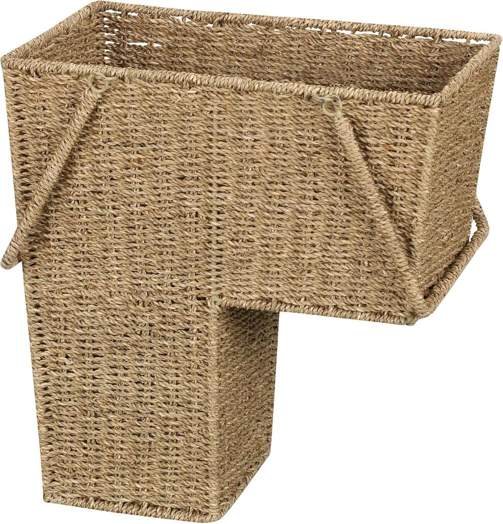 Household Essentials Wicker Stair Basket with Handles, Handwoven Seagrass, Sits on Two Stairs, Lightweight,