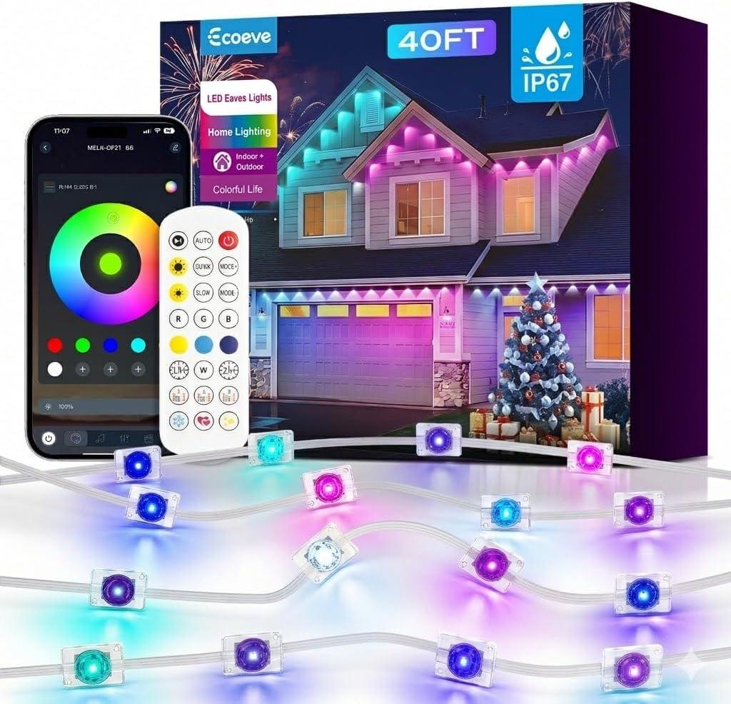 Permanent Outdoor Lights for House, 50ft Christmas RGB+IC Lights | 16 Million Colors & 50 Scene Modes, App/Remote Control, DIY Music Sync, Holiday Party Halloween Decor