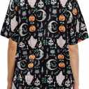 Halloween Button Down Shirts for Women Pumpkin Skull Print Blouses Hocus Pocus Hawaiian Holiday Short Sleeve Tops (Black, M)