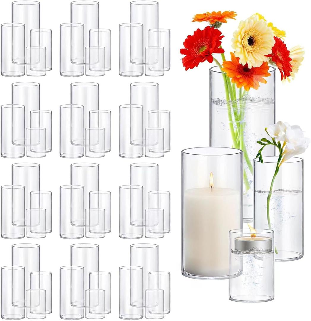 48 Pack Thick Glass Cylinder Vases 4,6,9,12 Inch Tall Clear Flower Vase Hurricane Floating Candle Holder for Table Centerpiece Wedding Home Decor (48 Pack(4,6,9,12 Inch))