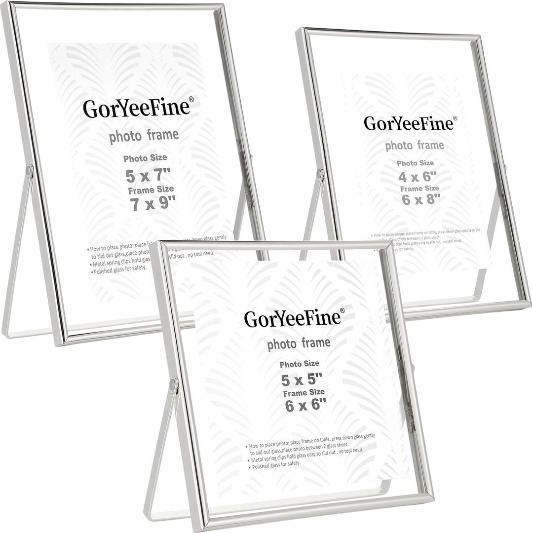 Silver Floating Picture Frames Set of 3,Metal Beaded Photo Frames 7x9'', 6x8'' 6x6'' with Double Class for 5x7, 4x6, 5x5 - Tabletop Floating Picture Frames for Home Wedding Decoration,Gift for Christmas, wedding