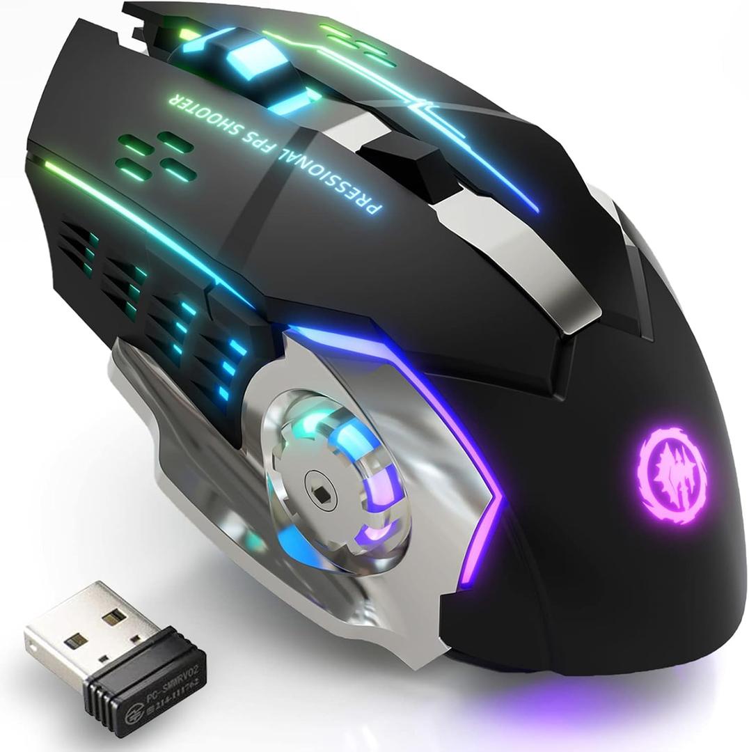 MELOGAGA Wireless Gaming Mouse Bluetooth Mouse RGB Rechargeable 2.4G USB Cordless Computer Mice with 7 Color Backlit, 6 Buttons & Silent Click for Laptop, iPad, Mac OS, PC, Windows Black