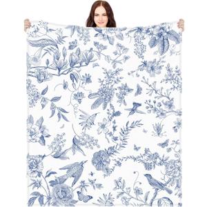 Blue White Flower Blanket Butterfly Soft Throw Blanket Country French 60"x50" Blanket Washable for Spring Summer Fall Party