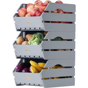HABAU Wood Potato Onion Storage Bins - Wooden Stackable Produce Basket - Fruit Vegetable Storage for Kitchen Pantry Organization, Set 3 Pieces (10.6*14.8*23.4 Set of 3, Dusty Grey)