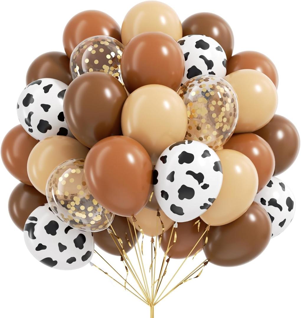 2 x Brown Western Balloons, Brown Nude Gold Confetti Cow Print Latex Cowboy Balloons for Farm Cowboy Western Baby Shower Birthday Party Decorations, 12 inches
