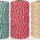 Christmas Cotton Twine Natural Jute 2mm Packing 984 Feet Bakers Kraft Butchers Baking Gardening Twine for Gift Wrapping Arts Crafts Party Decorations(Brown Green Red)