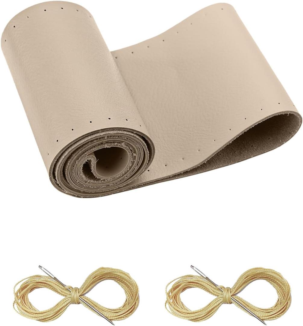 BELINOUS Leather Steering Wheel Cover Lace Up, Stitch on Steering Wheel Wrap, Universal Fit 13-20 Inch Car Truck Pickup Boat, A Whole Piece of Cowhide, DIY w/Needle Thread (Size M2, Light Beige)