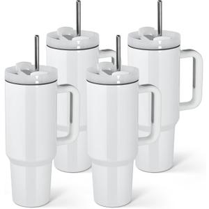 AGH 4 Pack 40 oz White Sublimation Tumbler with Handle, Stainless Steel Straw, Insulated Double Wall Vacuum Reusable Cups with Leakproof Lid