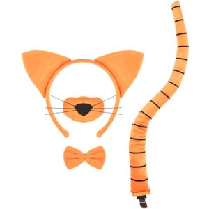 4 PCS Cat Costume Accessory Set-Orange Cat Ears Headband, Nose, Bowtie and Striped Tail for Halloween Christmas Festival Theme Party Cosplay