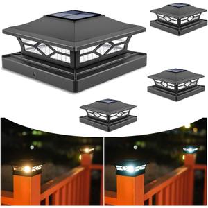 VOLISUN Solar Post Cap Lights: 4 - Pack Outdoor Deck Post Cap Lights Black for Dock Fence Waterproof 2 Color Modes,4x4/6x6 Wooden/Vinyl Posts