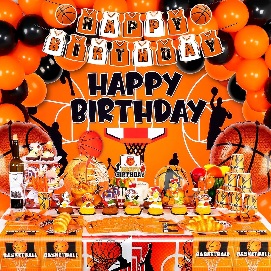 HJINGY 173 PCS Basketball Party Decorations, Basketball Birthday Decorations with Basketball Balloons, Basketball Backdrop, Tablecloth, Birthday Banners, Cake Toppers, Basketball Plates Napkins etc