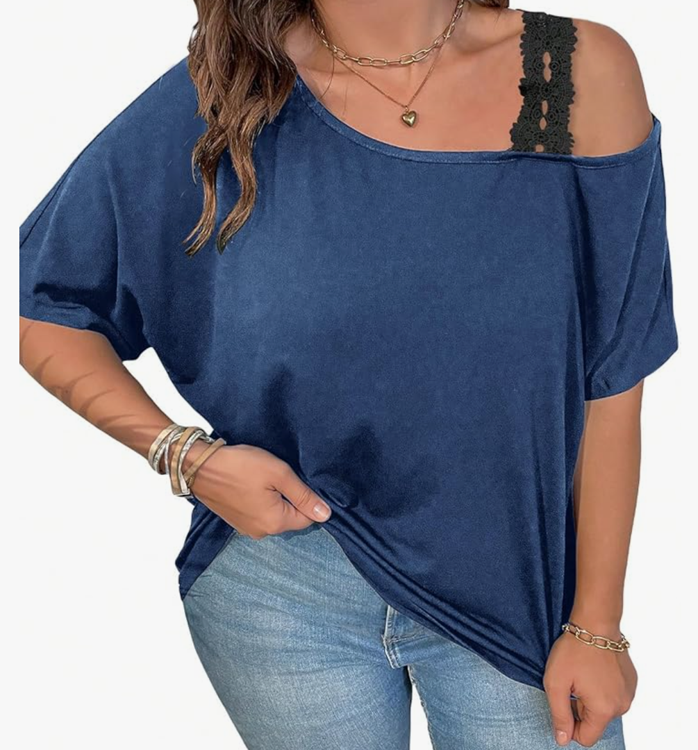SOLY HUX Women's Plus Size Cold Shoulder Contrast Lace Short Sleeve Tee T Shirt Summer Tops Size XL Plus