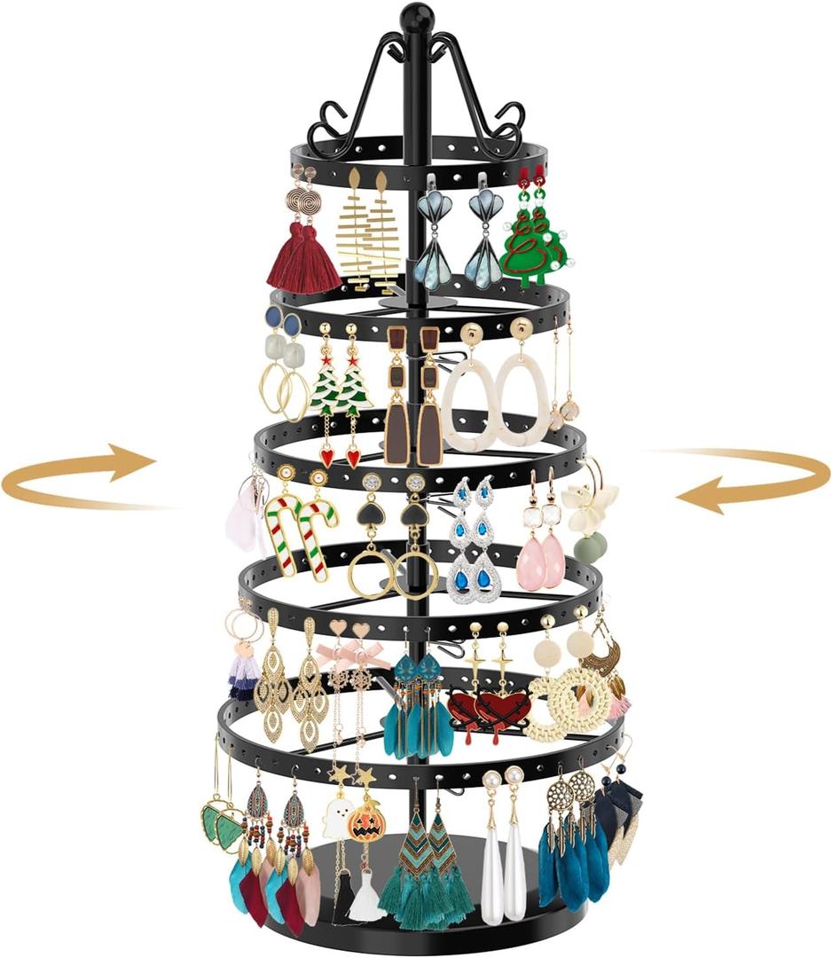 MODOWEY 5 Tiers Metal Rotating Earring Holder Organizer Tree Spinning Display Stand Rack for Women Girl, 220 Holes Adjustable Large Storage for Stud Dangle Hoop, Find Earrings Easily (Round, Black)